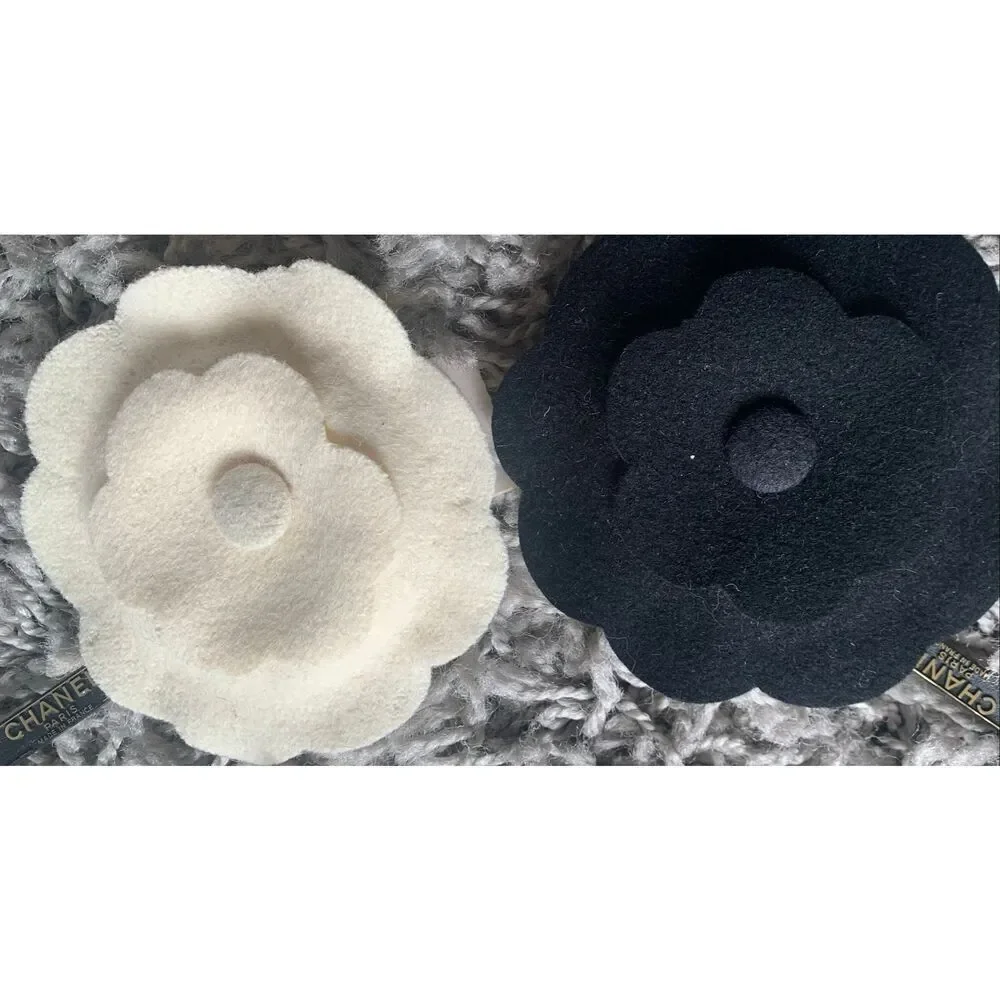 NEW NWT 2 CHANEL Authentic Vintage black & white Felt Camellia Flower Brooch Pin